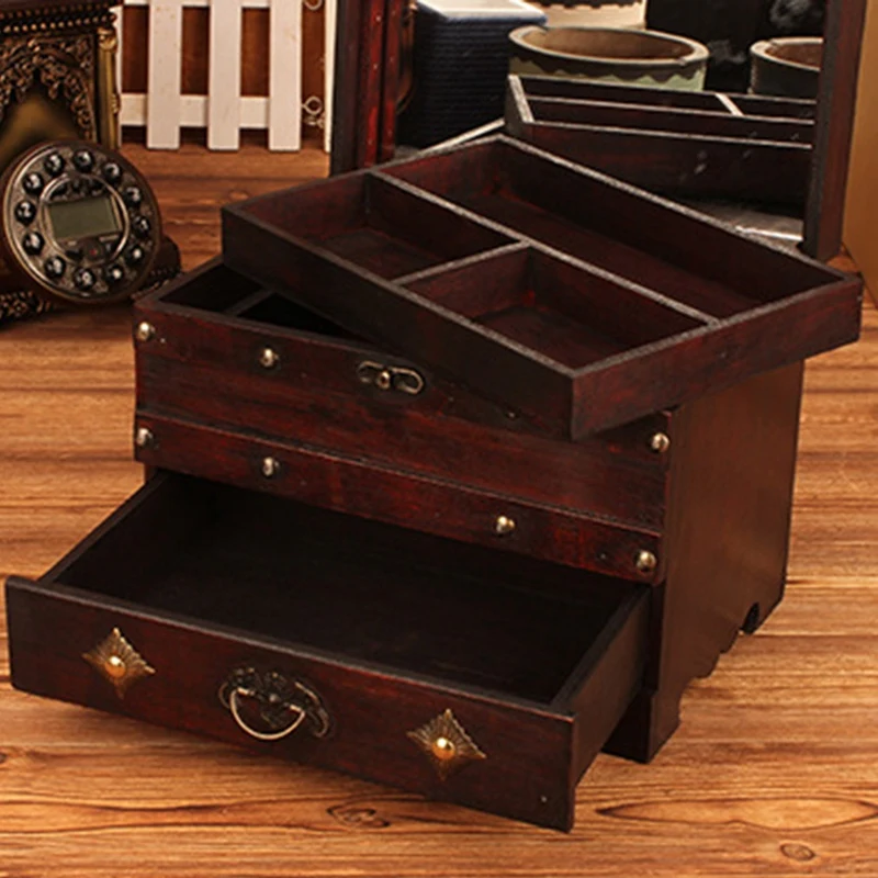 

Wooden Dressing Box with Mirror, Retro Dressing Box, Cosmetic Box with Lock, Small Jewelry Box, Earrings Storage Box