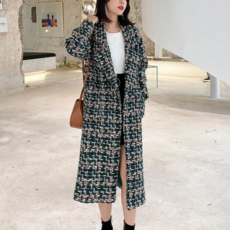 

Женское длинное шерстяное пальто, дамский плащ в стиле оверсайз, утепленное Свободное пальто с лацканами, модная Корейская куртка на осень-...