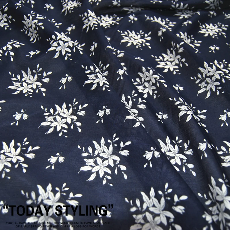

Silk Cotton Fabric Dress Navy End Of Large Wide White Flower clothing Cloth DIY Sewing Patchwork