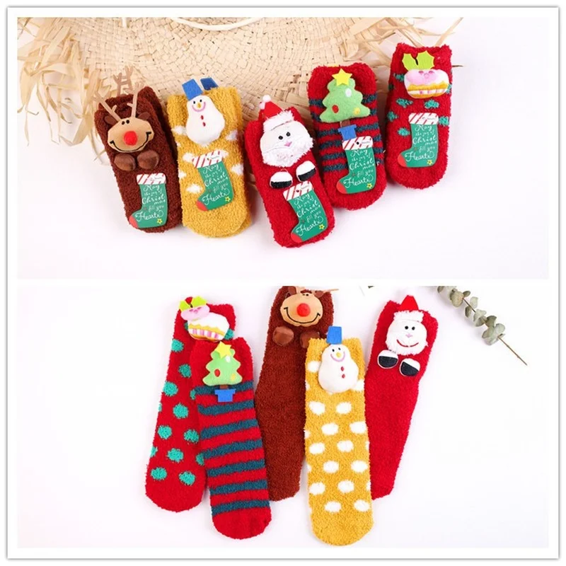 

Kids Adult Christmas Socks Thick Warm Coral Fleece Anti-slip Floor Socks 3D Cartoon Santa Claus Snowman Rabbit Home Socks
