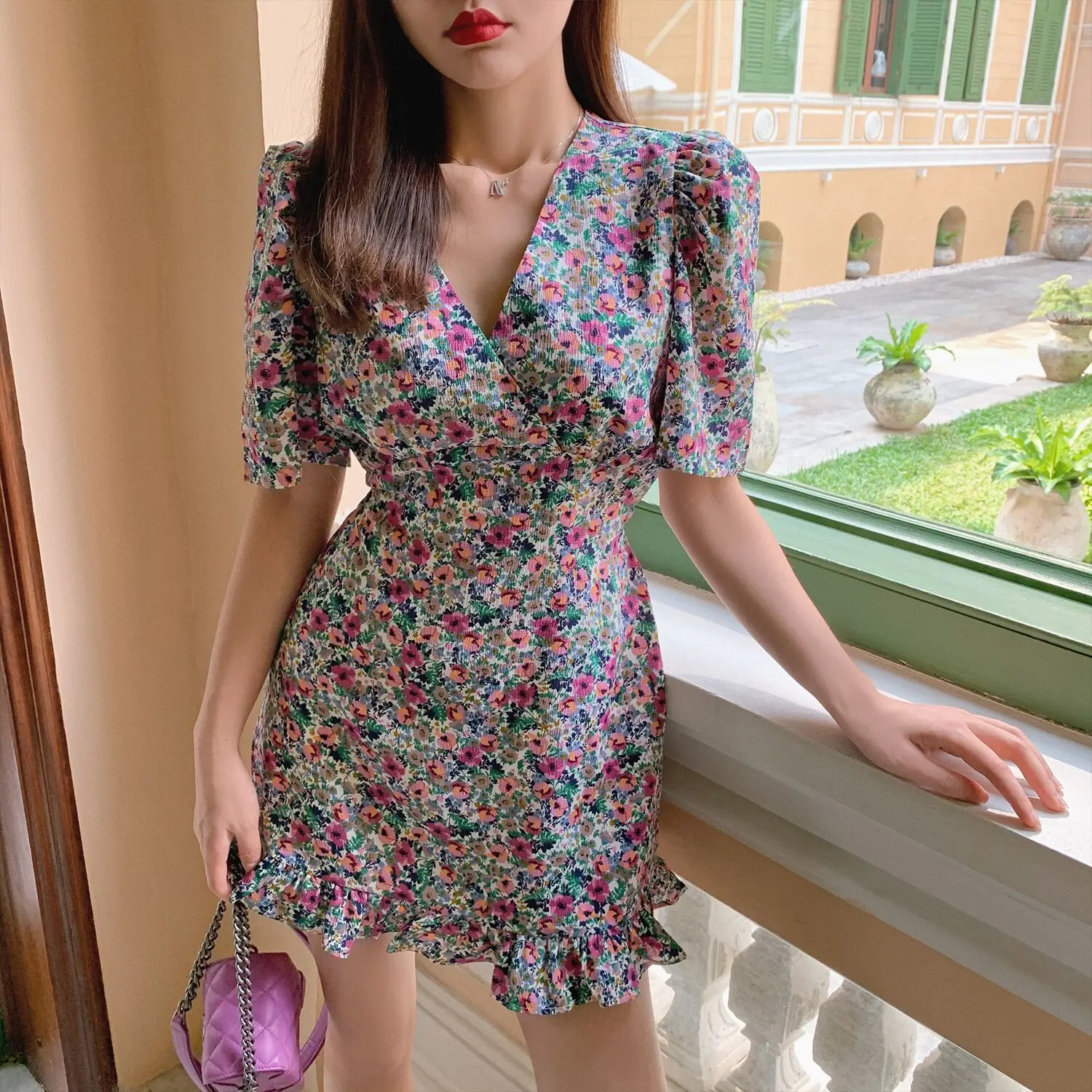 Платье женское Винтажное с цветочным принтом модное элегантное платье коротким