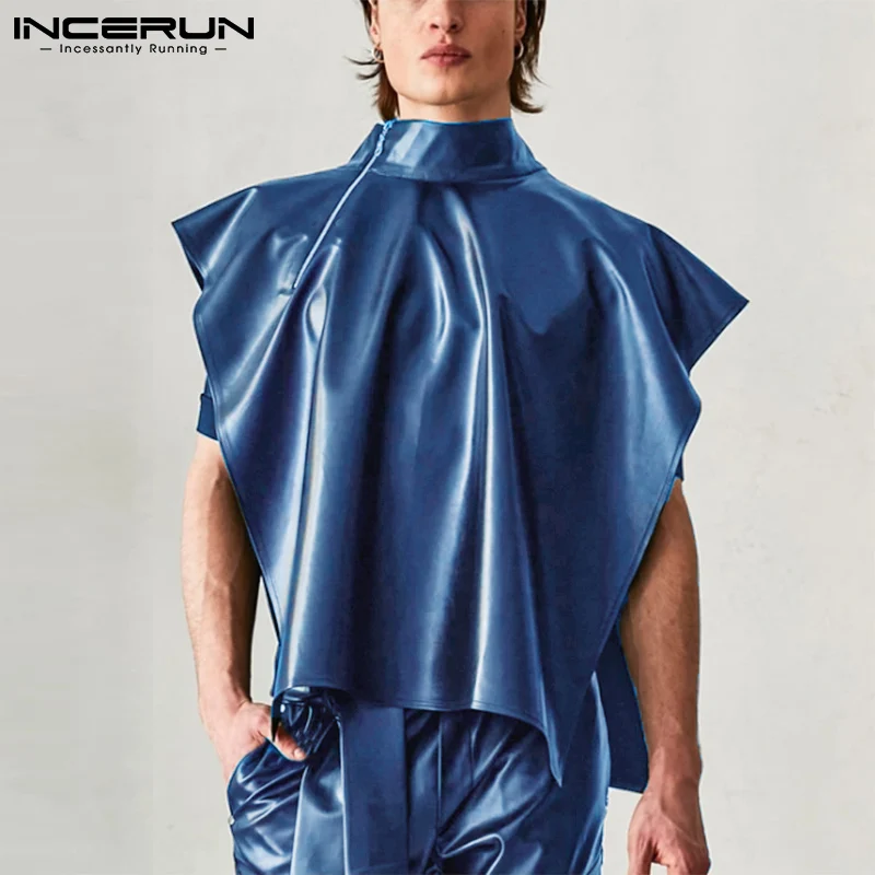 

INCERUN Fashion Men Vests Cloak Stand Collar Solid Color Zipper Sleeveless PU Leather Ponchos Men 2021 Casual Waistcoats Cape
