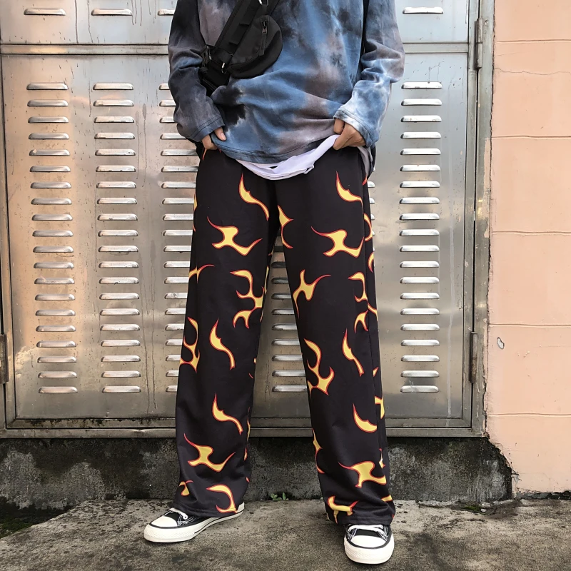 Брюки в стиле Харадзюку женские и мужские уличные брюки с принтом пламени прямые