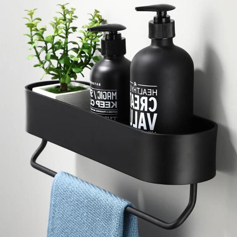 

Bathroom Shelf Rack Wall Mounted Aluminum Towel Holder Black Punch-free Kitchen Sundries Organizer Home Bathroom Accessories