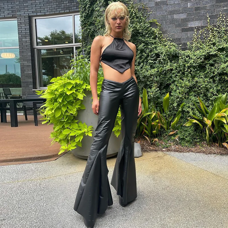 

Винтажные черные расклешенные брюки wsevypo из искусственной кожи, женские брюки с низкой талией и завязкой сзади, штаны с колокольчиками, улич...