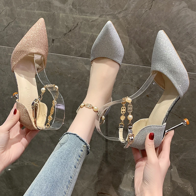 

Женские туфли на высоком каблуке, туфли-лодочки с острым носком и перфорацией, дышащие туфли с пайетками, 2021