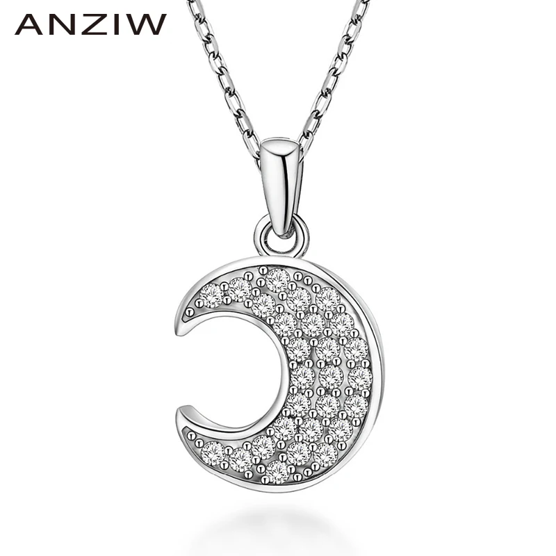 

ANZIW Luxury 925 Sterling Silver Pendant Necklace for Women Shining Moon Lover Long Chain Necklace Wedding Silver Jewelry