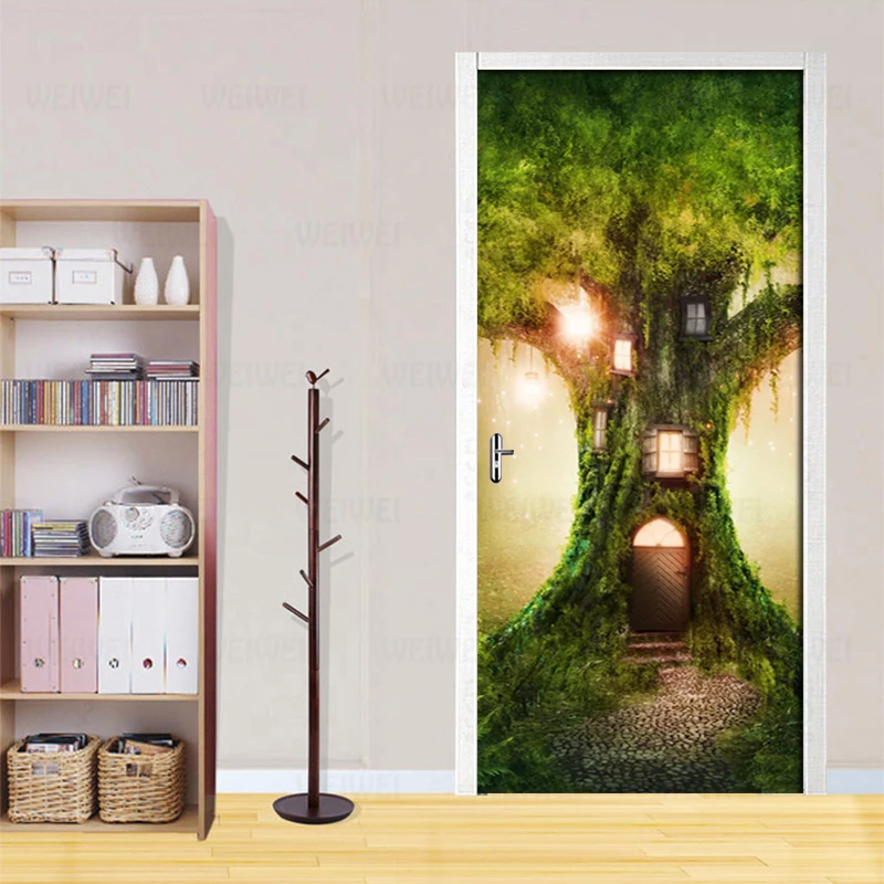 

3D Door Sticker Quiet Secluded Tree Hole Photo Wall Mural PVC Self-adhesive Decals Wall Paper For Living Room Home Decor Poster