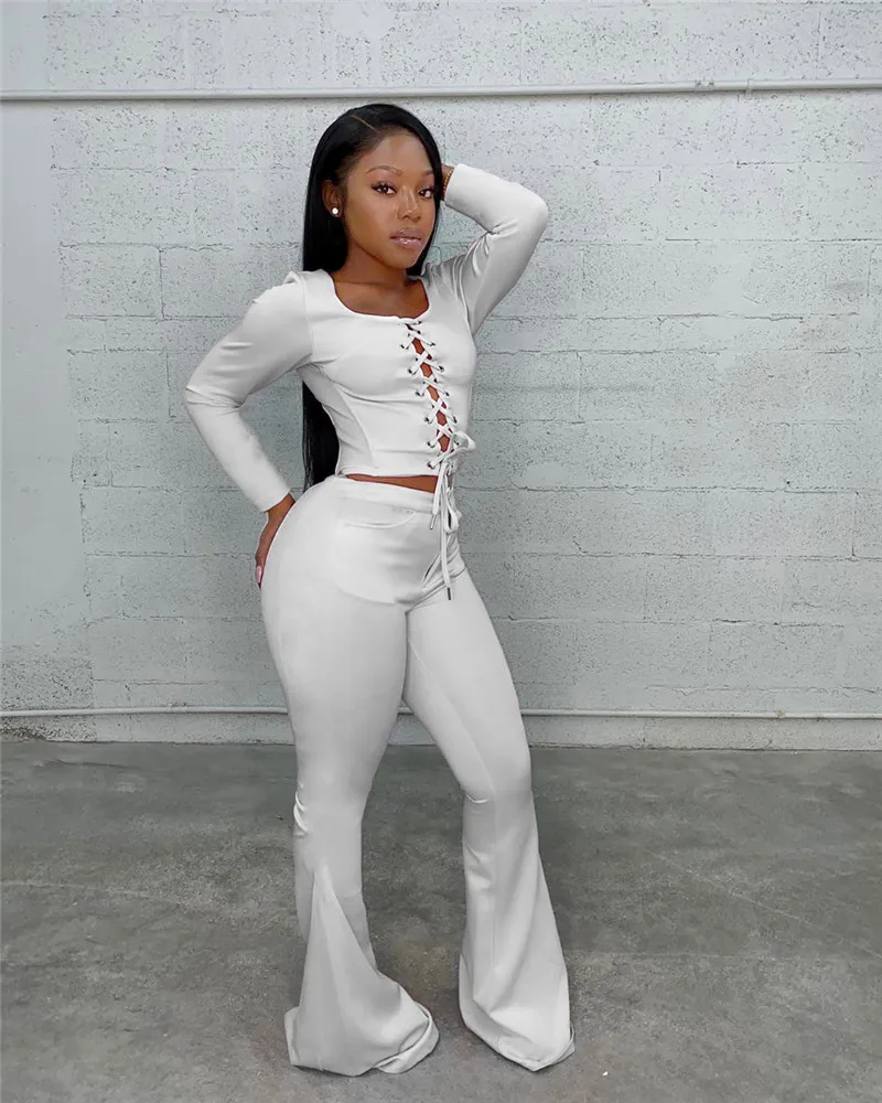 

HIRIGIN Sexy Fashion Lace Up Long Sleeve Skinny T-shirt Crop Top Elastic High Waist Bell Bottom Pants Autumn Women's Set 2020