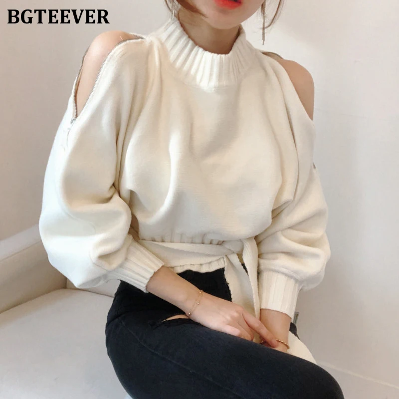 BGTEEVER Casual Cold-shoulder Knitting Pullover Sweaters Women Slim Waist Winter O-neck Lace-up Female Short Jumpers Tops 2020 | Женская