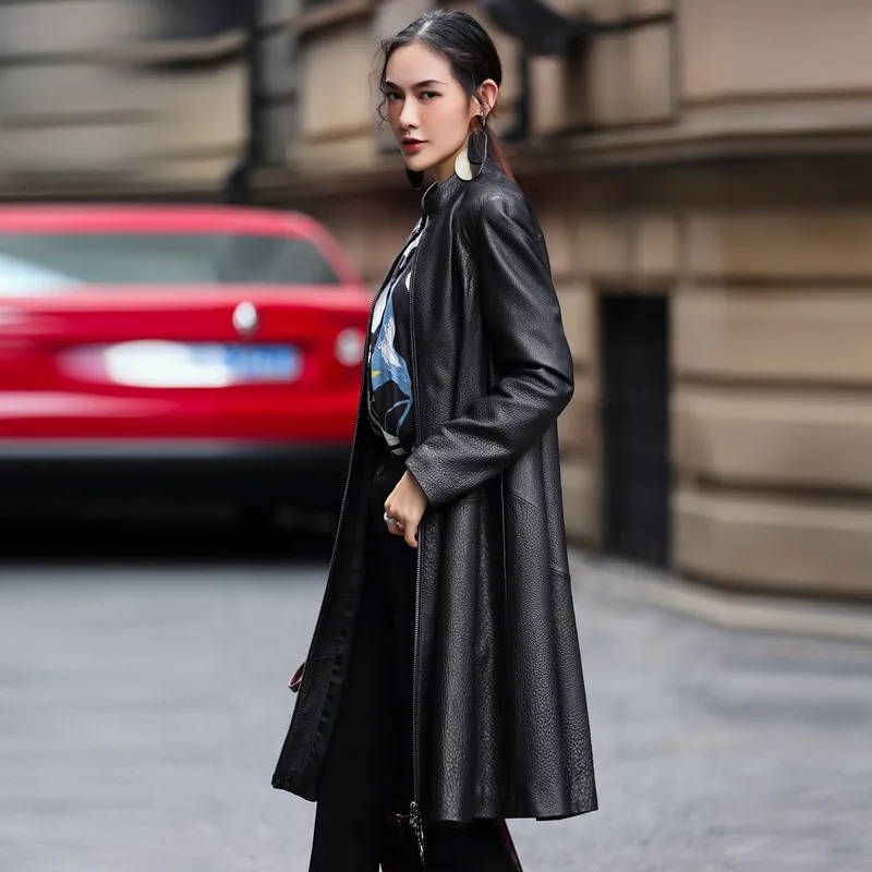 Модный женский плащ средней длины из овчины с длинным рукавом и стоячим