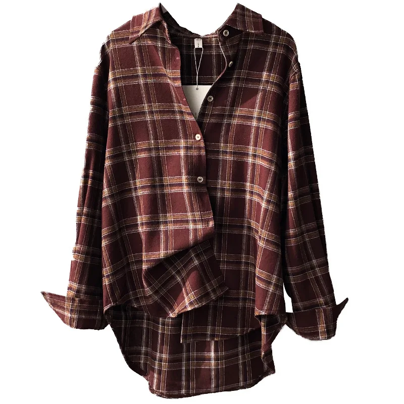 

Turn-down Collar Long Sleeve Plaid Casual Women Shirts Vintage All Match Loose Female Blouses 2021 Spring Japan Style Thin Coats