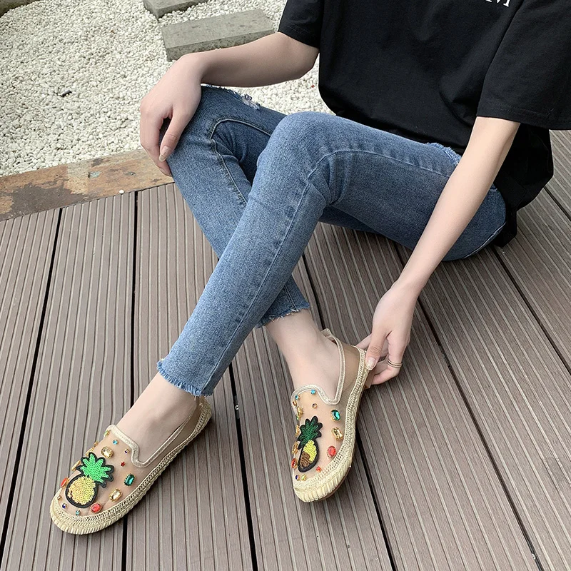 

Round Toe Casual Woman Shoe Slip-on Female Footwear Elegant Modis Crystal New Slip On Summer Dress Retro Breathable 2021