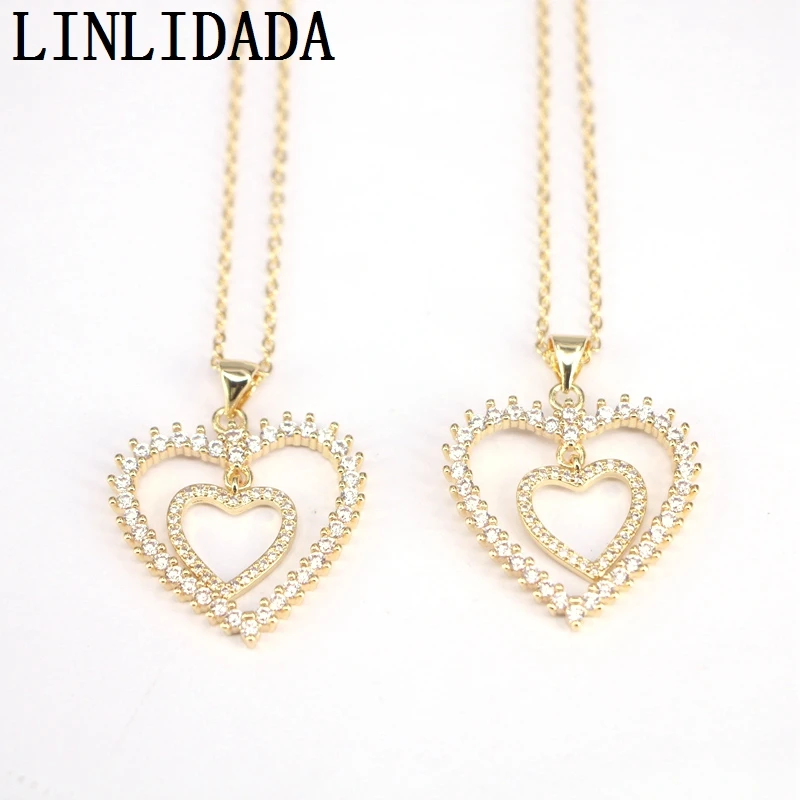 

10 шт., модные украшения золотого цвета CZ двойное сердце кулон ожерелье Кристалл циркония женские подвески
