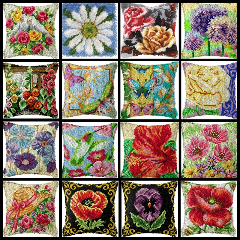 

Plant Flower Style Segment Embroidery Pillow Flowers Grass Coarse Wool Cross Stitch 3D Latch Hook Embroidery DIY Latch Hook Kit