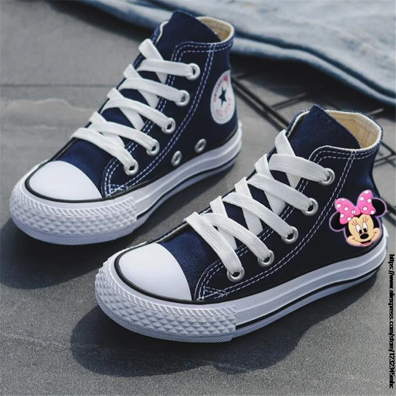 Высокие Детские холщовые туфли с Микки и Минни детские кроссовки обувь для