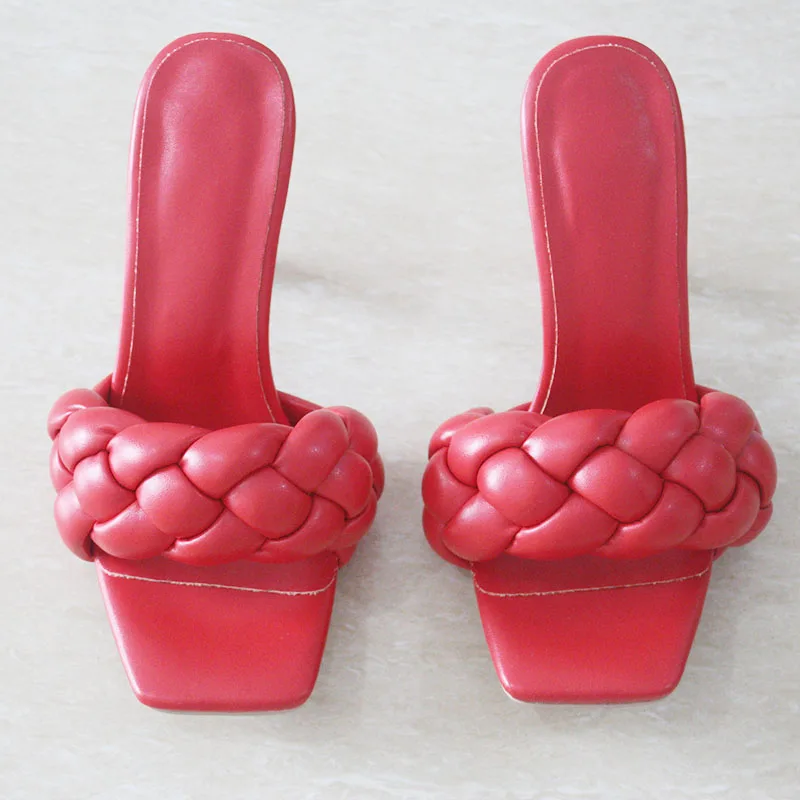 

New woven high heel women slides square toe women sandals