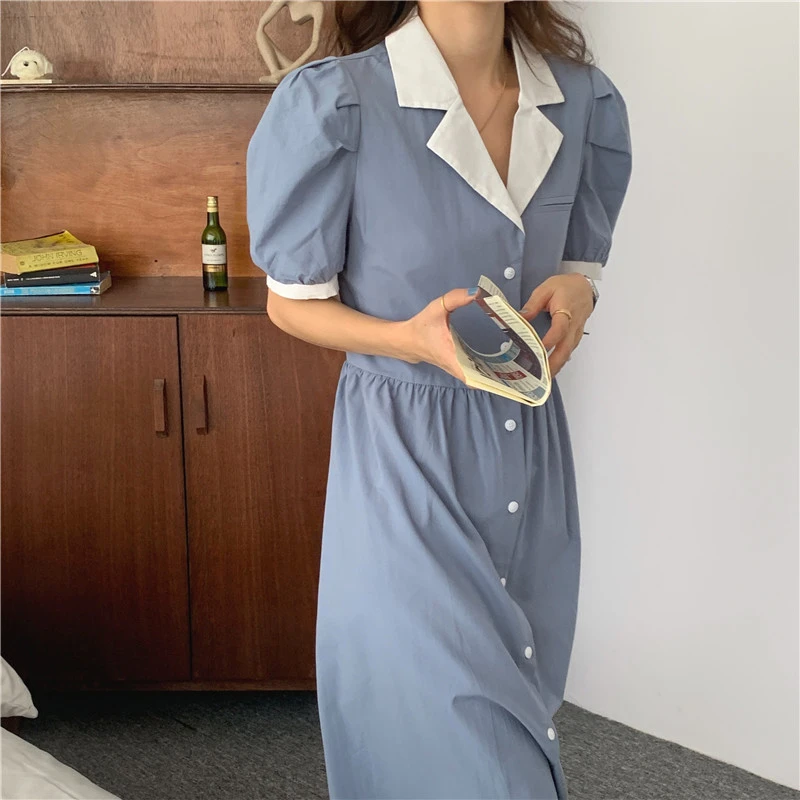 

2021 New Summer Women Dress High Waist Turn-Down Collar Lace Up Single Breasted Elegant Minimalist Style Lady Long Dress