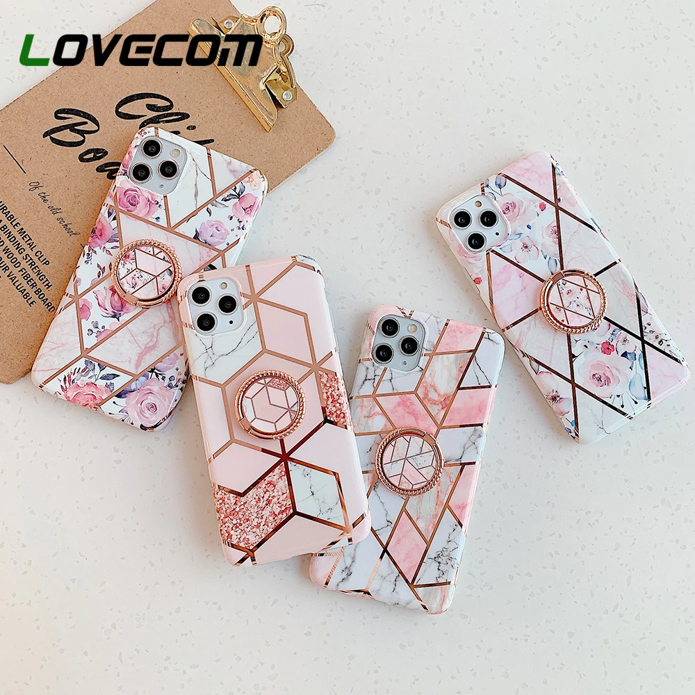 Чехол для телефона LOVECOM с розовым мраморным цветком и подставкой iPhone 12 Mini 11 Pro Max XR