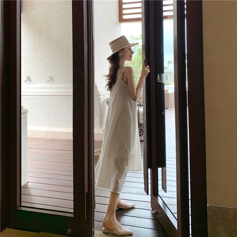 

with Lining Summer 2021 Linen Casual Party Beach Vacation Korean Runway Vestidos Women White Loose Jacquard Floral Slip Dresses
