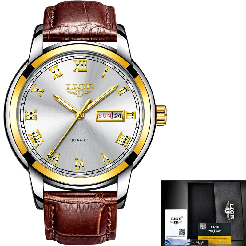 Rose gold white LIGE модные деловые мужские водонепроницаемые часы из нержавеющей стали, мужские военные спортивные кварцевые часы с хронографом, мужские часы - Цвет: Rose gold white