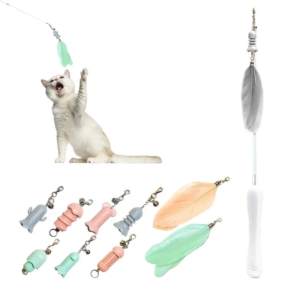 

Retractable Cat Teaser Wand Cat Feathers Toys Interactive Cat Toys Replacement Colorful Feathers Refills With Bells For Cat &