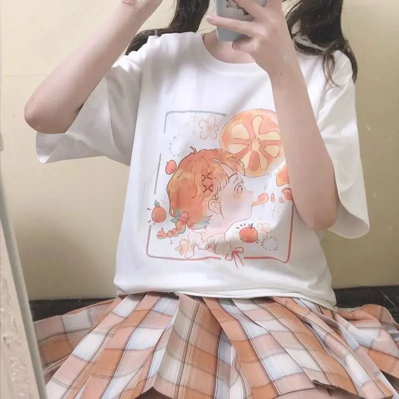 

New Harajuku Japanese cute soft girl sweet cartoon young girl JK student short sleeve T-shirt loose summer