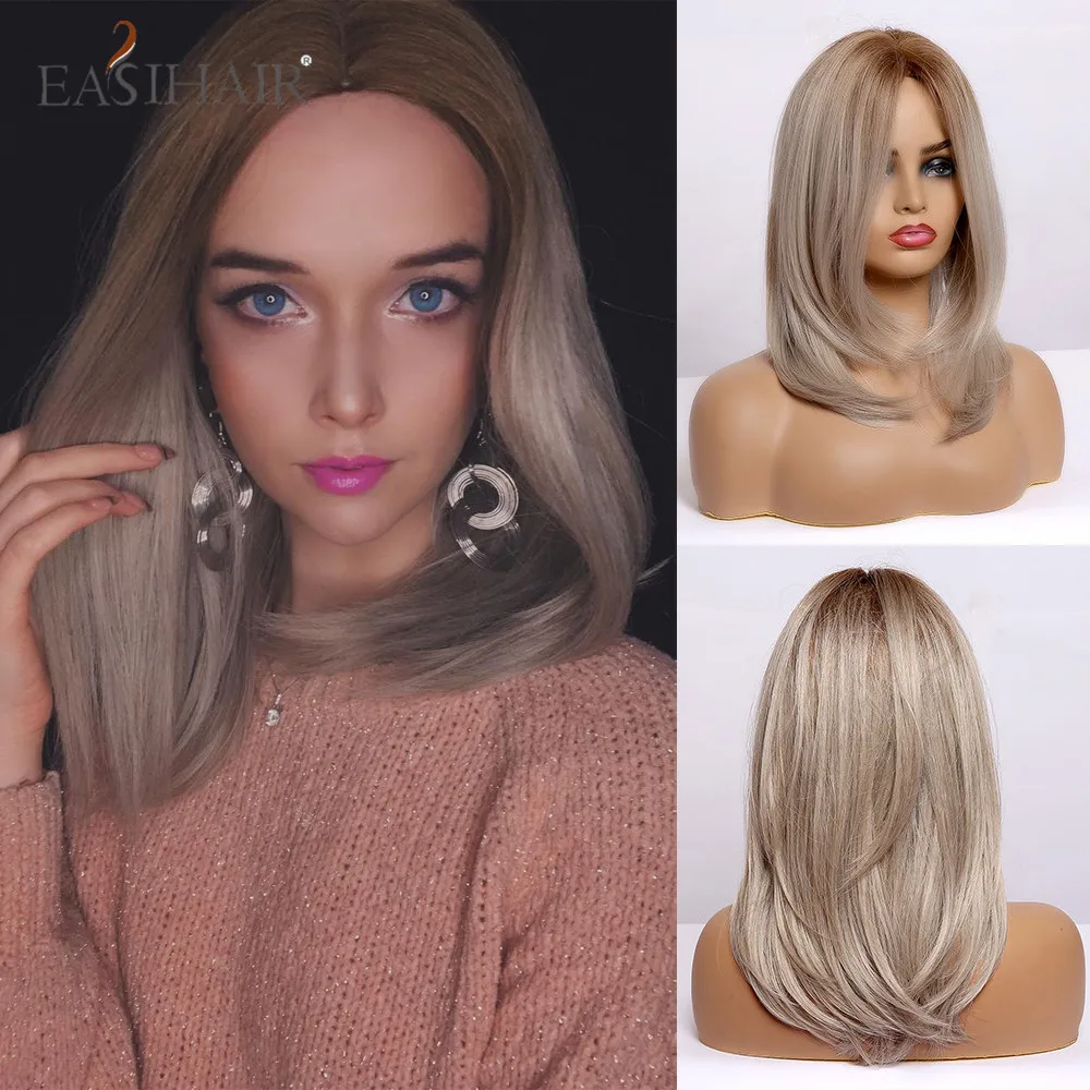 EASIHAIR Омбре светильник блонд средней длины натуральные прямые волосы парики