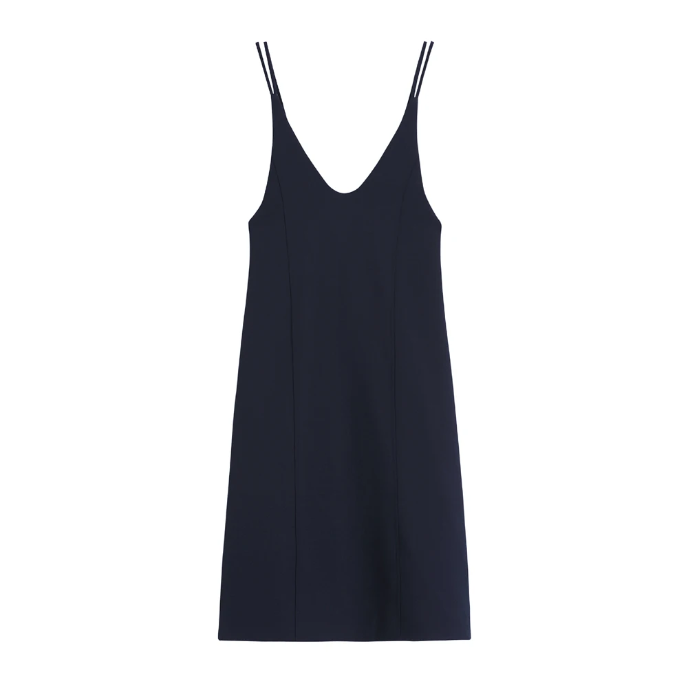 

COIGARSAM Vintage Sleeveless Women Long dress New Spring Spaghetti Strap High Waist V-Neck Dresses Navy Blue 6531