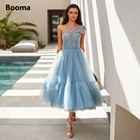 Простое синее Тюлевое платье-миди Booma для выпускного вечера, ТРАПЕЦИЕВИДНОЕ свадебное платье на одно плечо, платье с открытой спиной для выпускного вечера