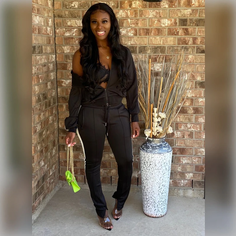 

Casual High Neck Blouse and Slit Trousers Two Piece Set