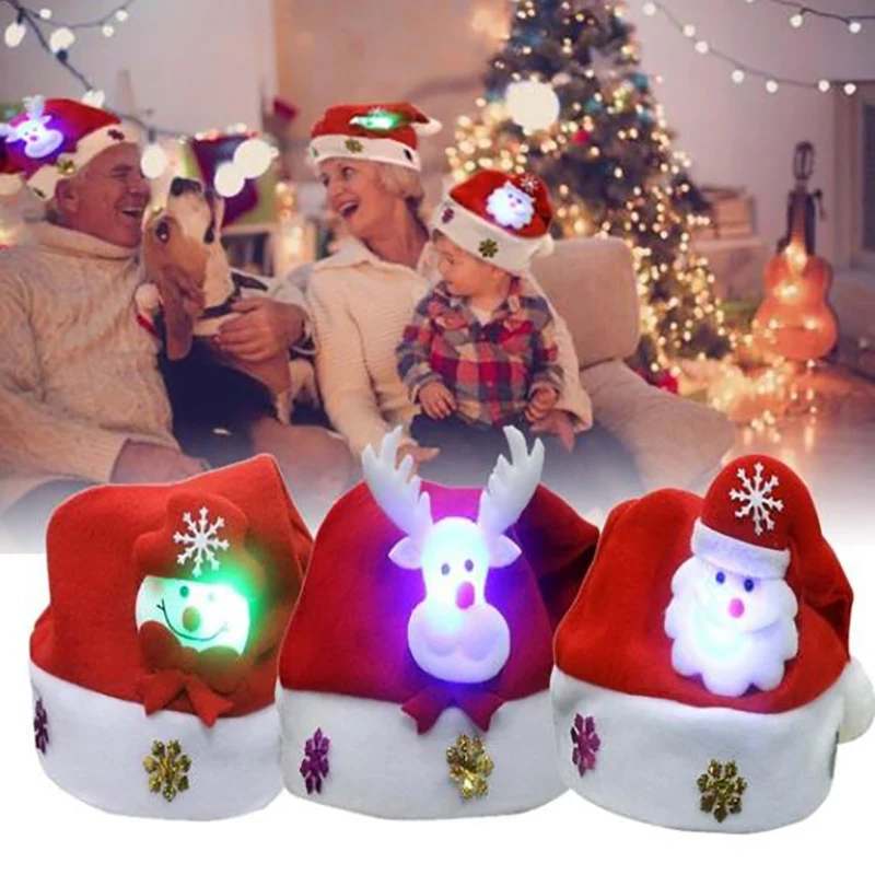 

New Year Navidad Merry Christmas Hat Light Up LED Cap Snowman ElK Santa Claus Hats For Kids Children Adult Xmas Gift Decoration