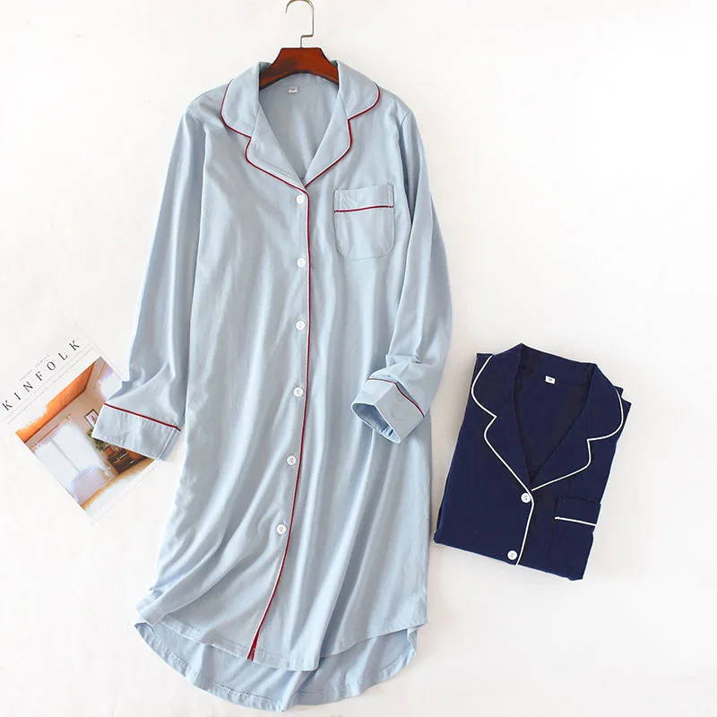 

100% Cotton Night Wear Button Nightgown Robe Women Sleepwear Nighties for Women Autumn Knee-Length Turn-down Collar Loose Nighty