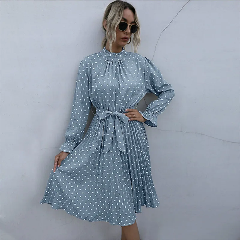 

Pleated Dress Woman Spring Black Dot Slim Body Dresses High Waist Solid Color Cottagecore Streetwear All Match Homewear New 2021