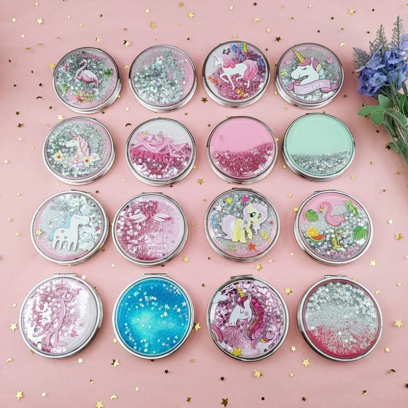 

CSHOU151 Cartoon Double-Sided Unicorn Makeup Mirror Compact Pocket Mirror Mini Folding Cosmetic Mirror Gifts with Flowing Sparkl