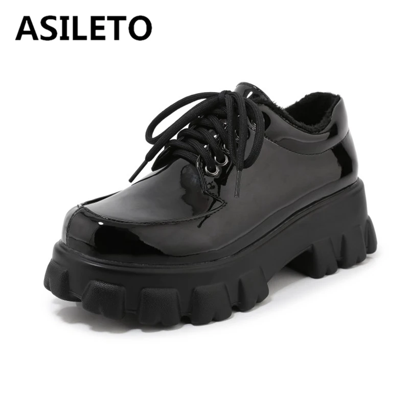 

ASILETO Woman Winter Novelty Warm Flats Round Toe Thick bottom patent Leather Cross-tied Platforms size 32-46 Black Casual S1772