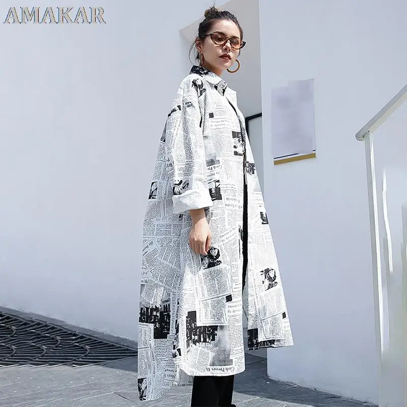 

2021 new Spring Autumn Lapel Long Sleeve White Printed Loose Irregular Big Size Long Shirt Women Blouse Fashion Tide