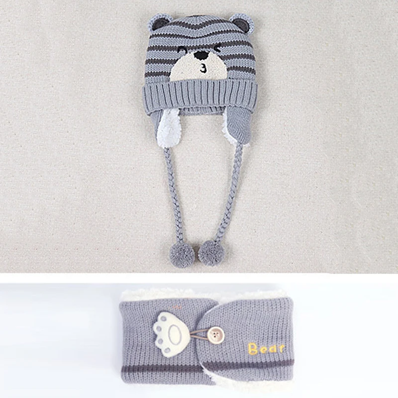 Loozykit 2 pcs Warm Hat Suit Baby Boy Girls Thermal Knitted Cartoon Bear Hat Scarf Toddler Winter Fleece Cap Set
