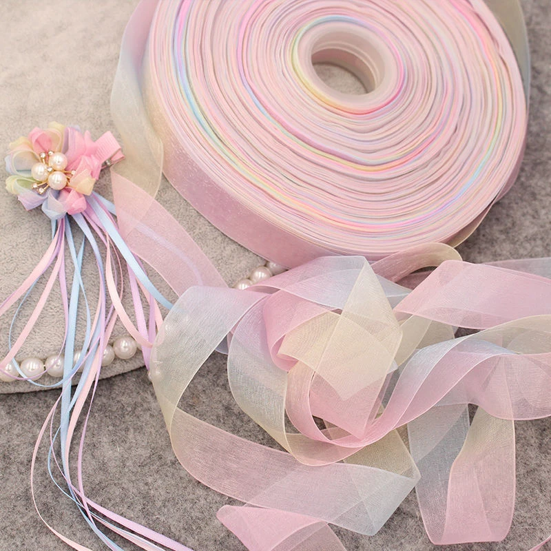 

Gradient Color Fantasy Rainbow Snow Yarn With Ribbon DIY Bow Ribbon Hairpin Hanfu Petal Headdress Ribbon for Crafts 10m