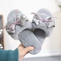 women plush home slippers cute butterfly knot faux fur warm flat girls shoes slip on autumn winter indoor furry ladies slides