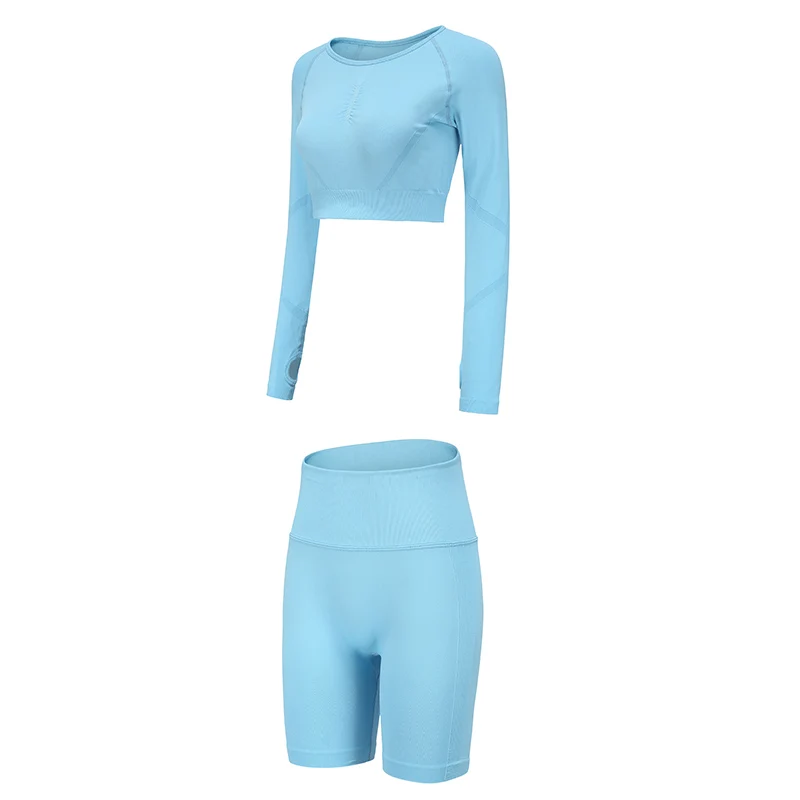 

Gym Seamless Running Suit Ladies Quick-drying Breathable Long-sleeved T-shirt and Running Yoga Shorts Tight Fitness Suit