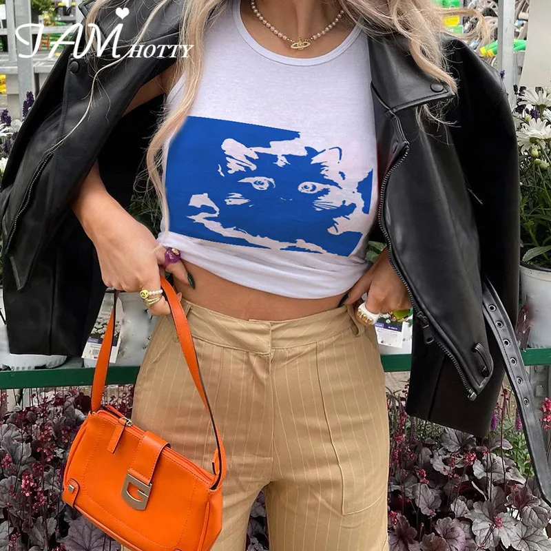 

Cute Cat Print Casual White Tank Top Tee Women Y2K Aesthetic Vintage Sleeveless Cami Corset Tops Summer Fitness Vest Iamhotty