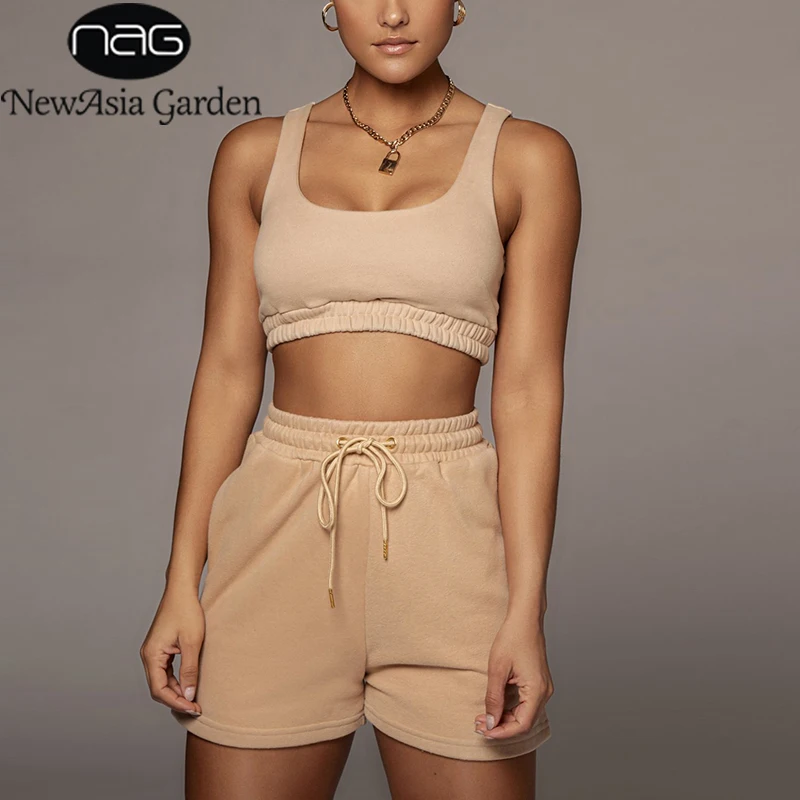 

NewAsia 2 Piece Shorts Sets Summer Ruched Elastic Waist Tie up 2 Layer Stretch Tank Top Loungewear Women Casual Tracksuit 2021