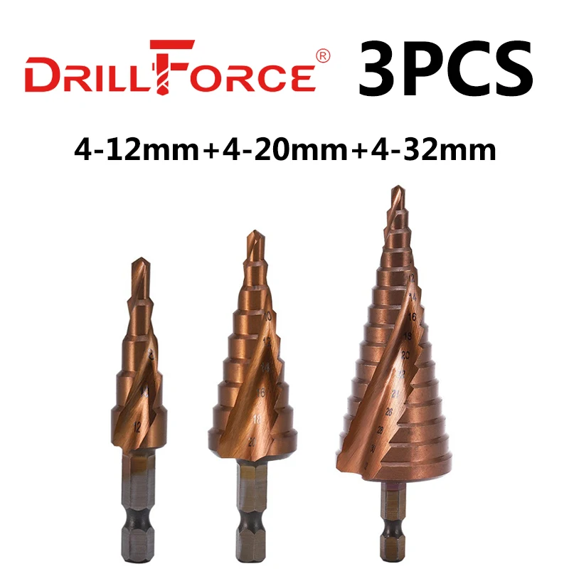 DRILLFORCE Ступенчатое сверло M35 5% кобальт 3-12/3-14/4-12-20/4-22/4-25/4-32/5-21/5-27/6-24 мм