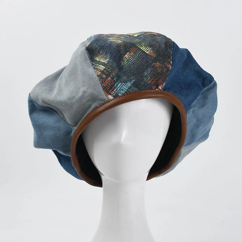 

2021 Fashion Pacthwork Denim Berets For Women Designer Large Version Cloud Beret Hat Retro Painter Hat Wholesale