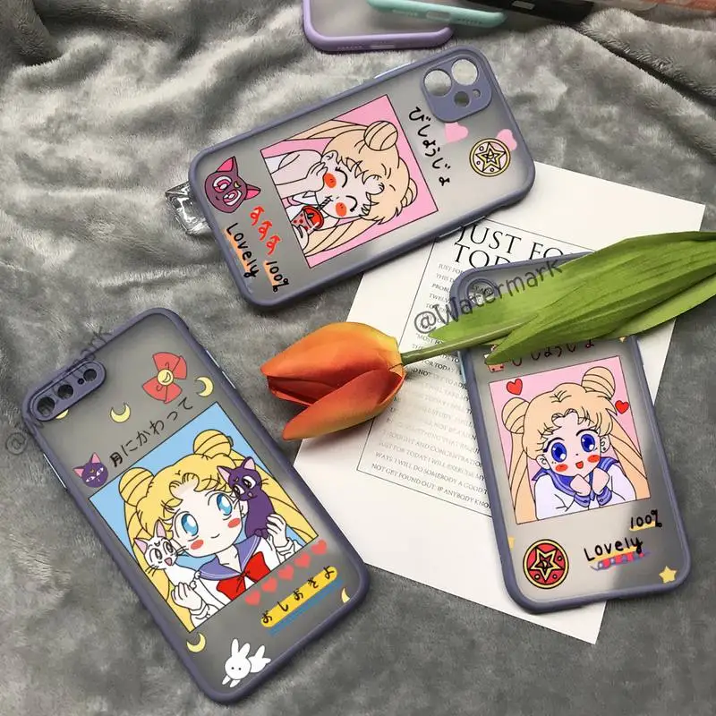

Cartoon Cute Sailor Moon Girls Phone Case For IPhone 12 11 Pro Max Xs Xr X 7 8 Plus Grayish Purple Matte Translucent Coque