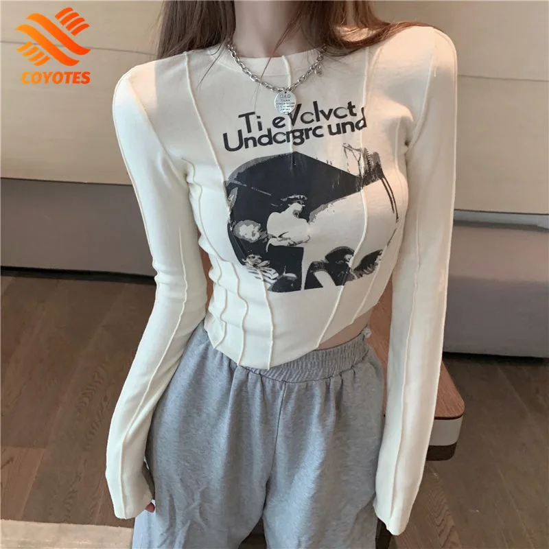 

Койотс футболки женские футболки с длинными рукавами на весну-осень, с круглой горловиной, с принтом, короткая тонкая верхняя одежда в Корей...