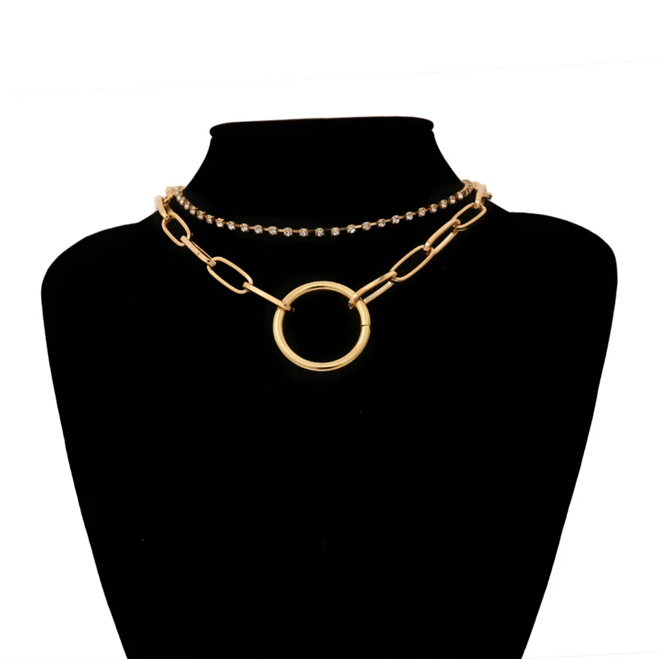 Gold Color Готическое Кристальное многослойное круглое колье-чокер, ожерелье-ошейник в стиле стимпанк, Золотая Серебряная цепочка с замком, ожерелье для женщин, ювелирное изделие - Окраска металла: Gold Color
