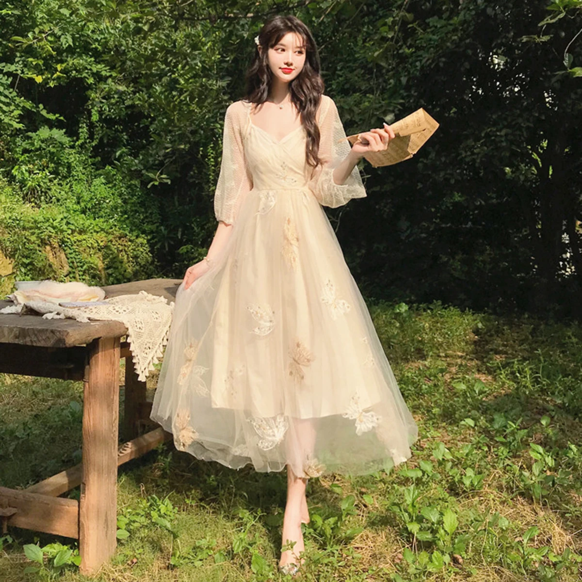 

Элегантные женские платья на бретельках 2021, платье миди с V-образным вырезом, рукавами-фонариками и вышивкой бабочки, сетчатый кардиган с вы...