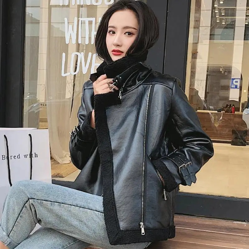 

Women 2020 Autumn Winter Motorcycle Faux Lambs Wool Jacket Female Lapels Fur Thick Warm Coat New Fashion Casual Outerwear G784